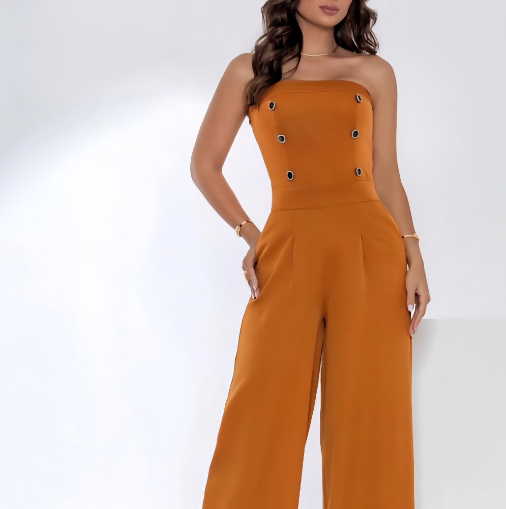 Elegant Tailored Strapless Jumpsuit In Coral Color